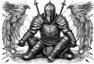Dead knight on his knees with five arrows in his back tattoo idea