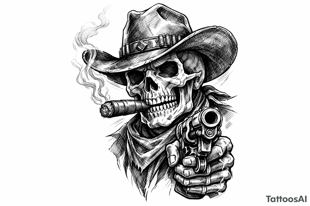 skull with cowboy-hat,a big cigar in his mouth and a gun in a hand. tattoo idea
