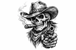 skull with cowboy-hat,a big cigar in his mouth and a gun in a hand. tattoo idea