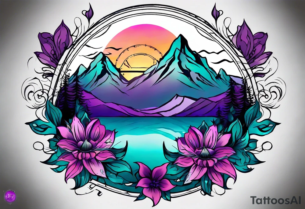 I’d like a half sleeve tattoo on my shoulder. It features a mountain range, with a compass rose rising up from behind the mountain like a sunrise. In front of the mountains, there are purple and teal flowers. tattoo idea
