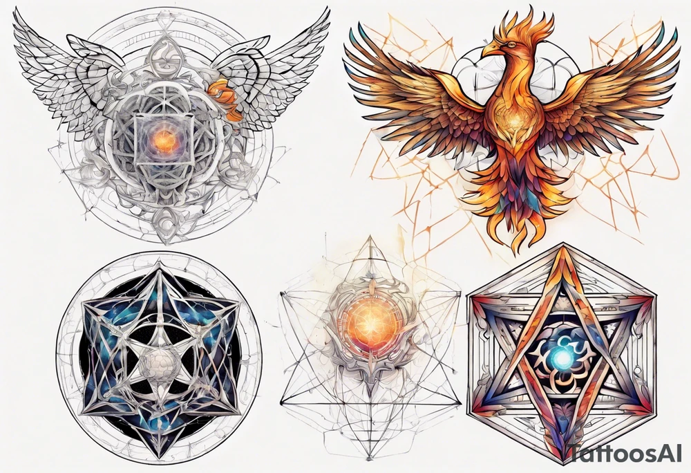 sacred geometry Metatron's cube with phoenix. Sleeve tattoo idea