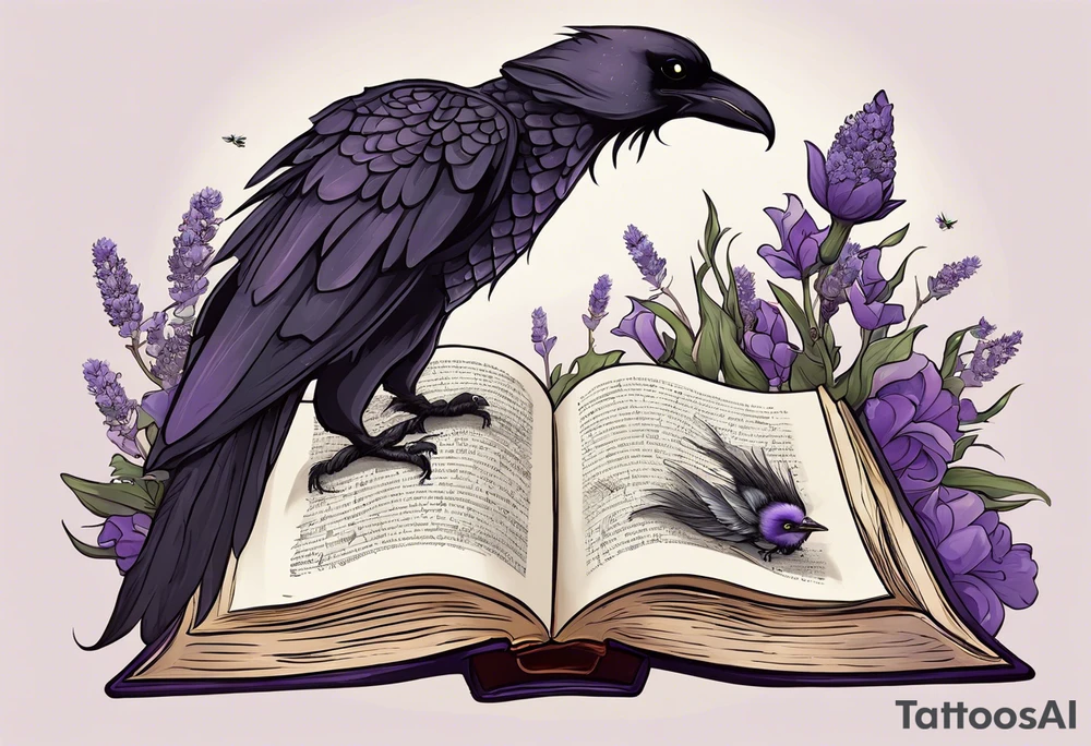 an open book. Above the book, a small dragon, flies in the air. To the right, a pawn chess piece.  On the left corner of the book, a little raven perches, feathers ruffled. Below the book, a cluster of lavender flowers, with a bumblebee tattoo idea