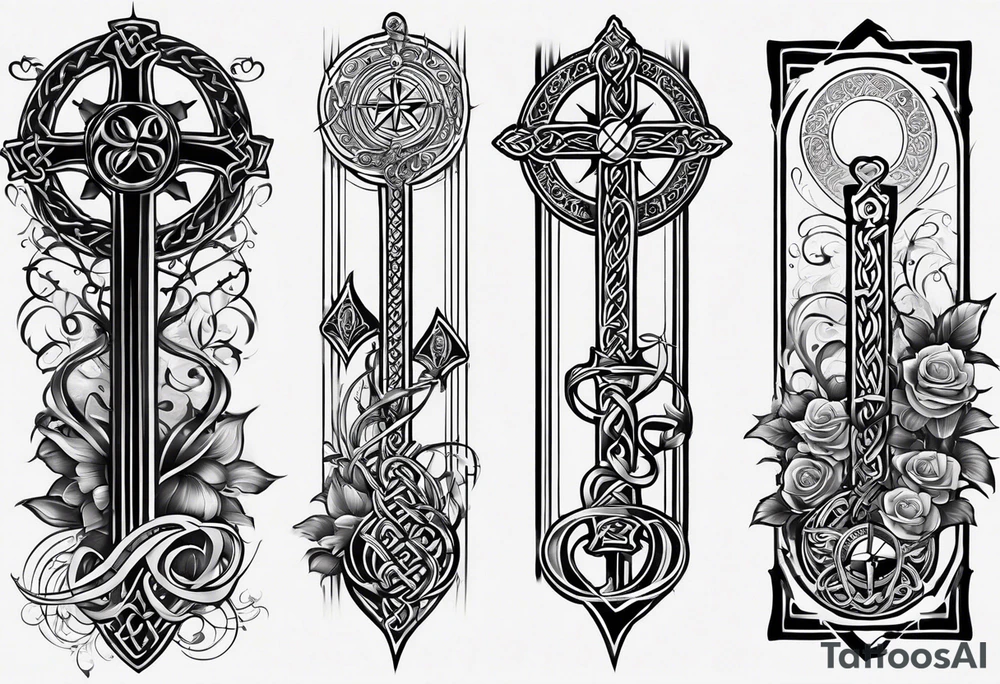 Celtic styling, anchor, compass, bass clef note, treble clef note, dog paw print, half sleeve, forearm tattoo idea
