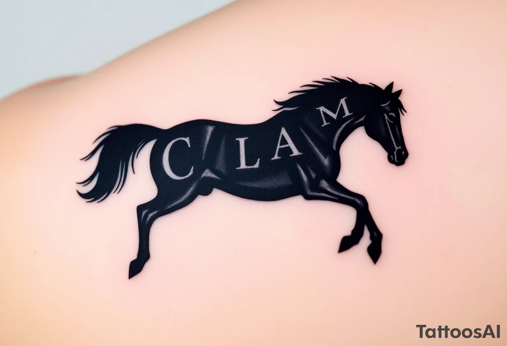 horse silhouette 
from the front which gallops from the front, with the 3 small letters discreetly integrated: L, A, M tattoo idea