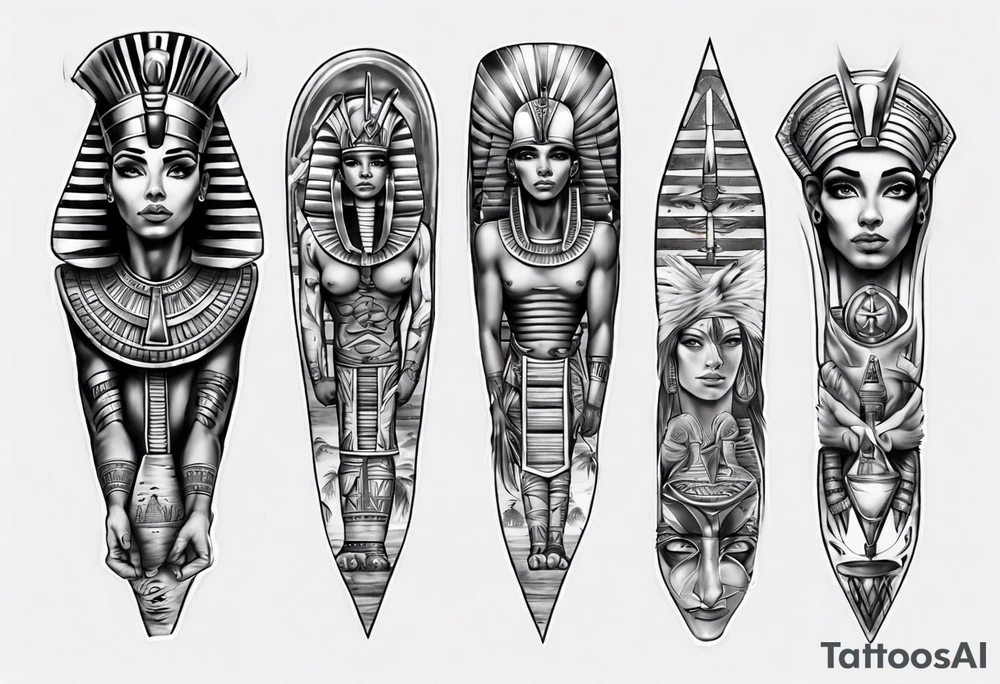 Egyptian theme full sleeve realistic tattoo idea