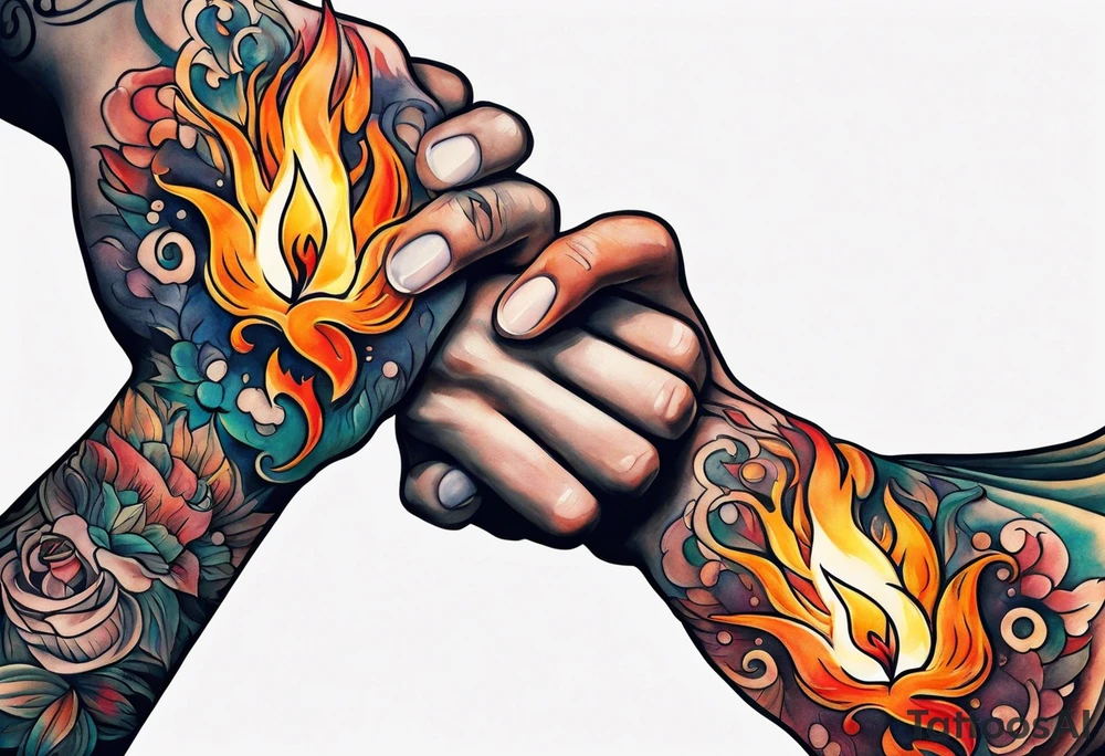 Hands holding each other, flame tattoo on one hand tattoo idea