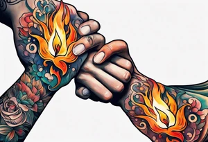 Hands holding each other, flame tattoo on one hand tattoo idea
