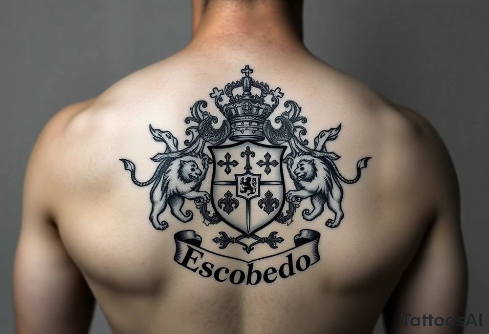 "A detailed family crest or coat of arms with intricate elements like lions, shields, scrolls, and swords, designed in a traditional and bold style. The crest is centered just below the name 'Escobedo' written across the shoulders, creating a regal and powerful visual balance." tattoo idea