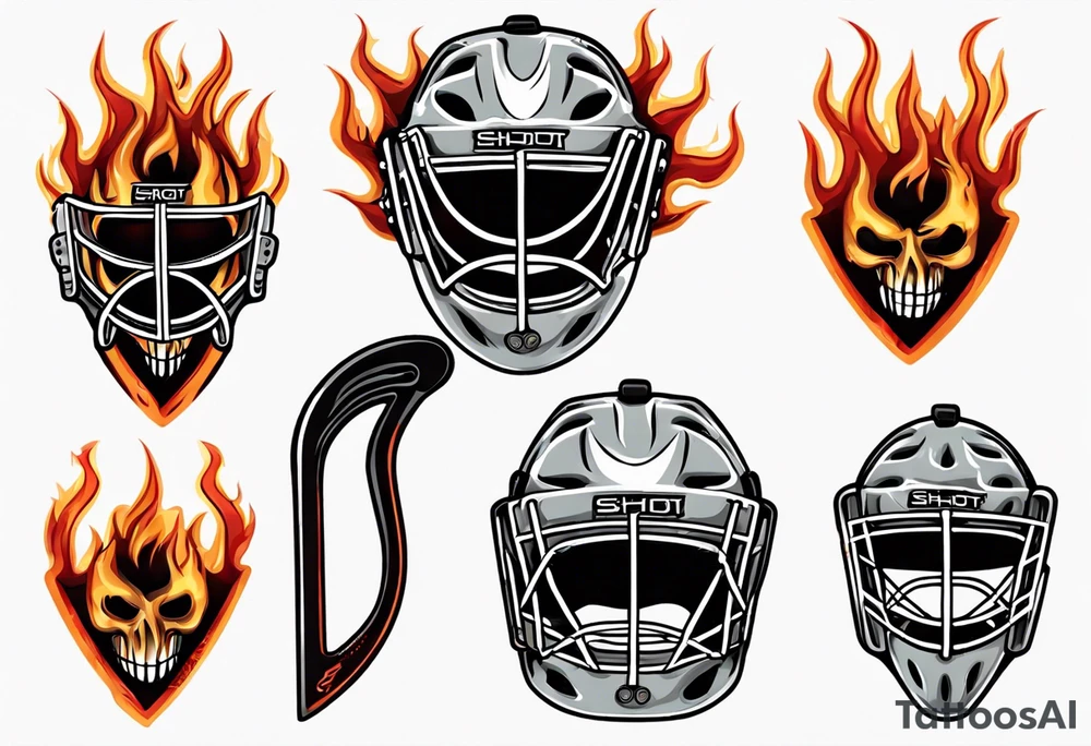 a goalie mask and crossed hockey sticks with flames that says "SHOT HOCKEY" tattoo idea