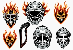 a goalie mask and crossed hockey sticks with flames that says "SHOT HOCKEY" tattoo idea
