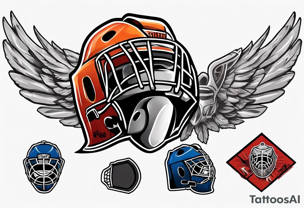 hockey puck with wings and a goalie mask that says "SHOT SPORTS" tattoo idea