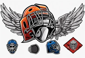hockey puck with wings and a goalie mask that says "SHOT SPORTS" tattoo idea