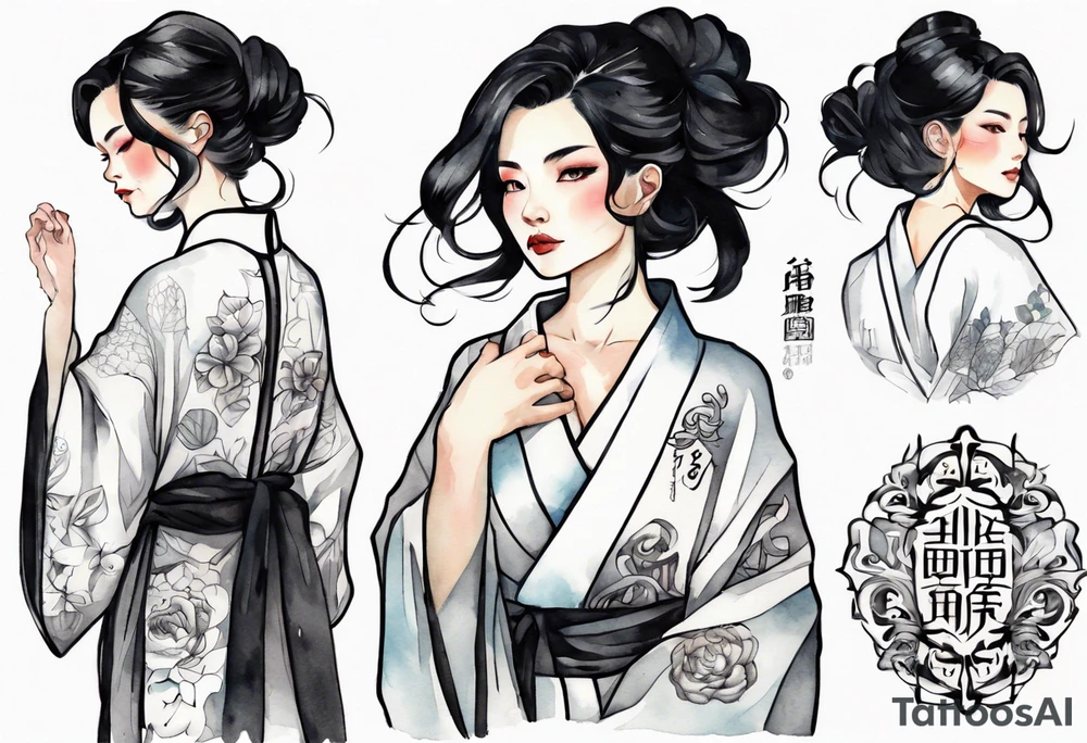a black-haired woman dressed in a black and white robe, middle-aged, beautiful tattoo idea