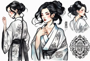 a black-haired woman dressed in a black and white robe, middle-aged, beautiful tattoo idea