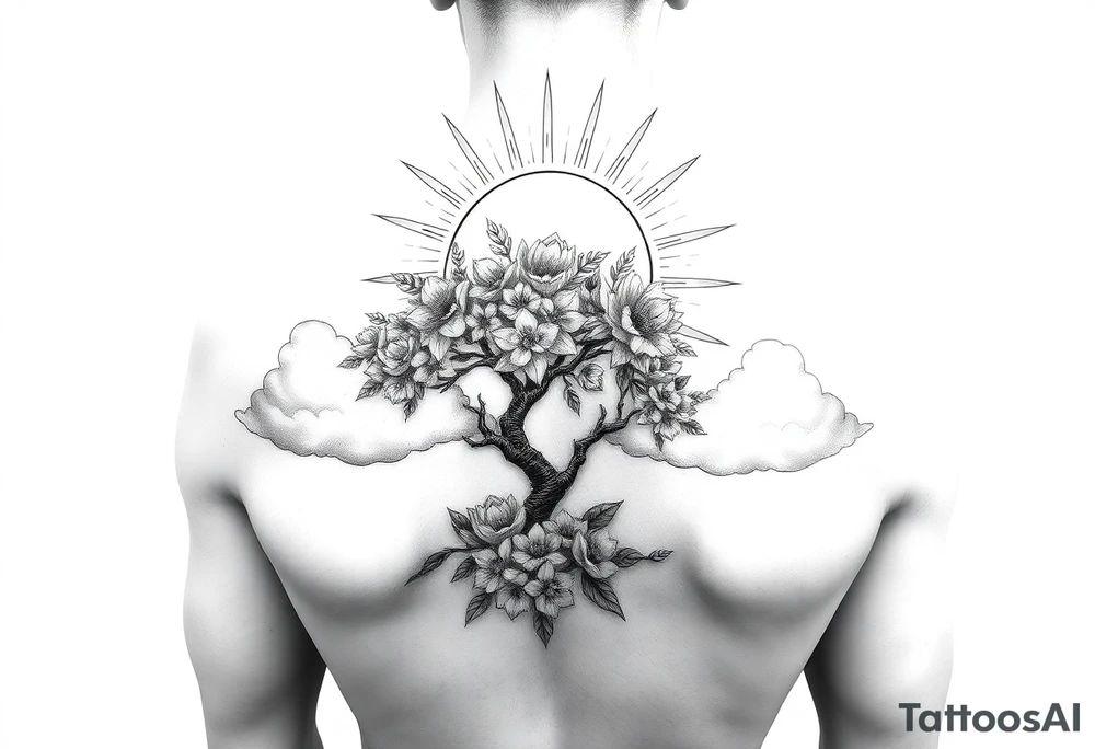 sun
surrounding by clouds, tree blooming with flowers on the shoulder tattoo idea