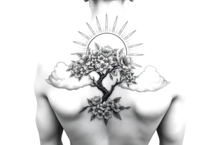 sun 
 surrounding by clouds, tree blooming with flowers on the shoulder tattoo idea