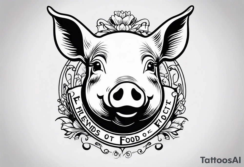 cute pig or piglet.
with text: "friends not food" 

only very thin lines. no shading. black and white only. simple outline only tattoo idea