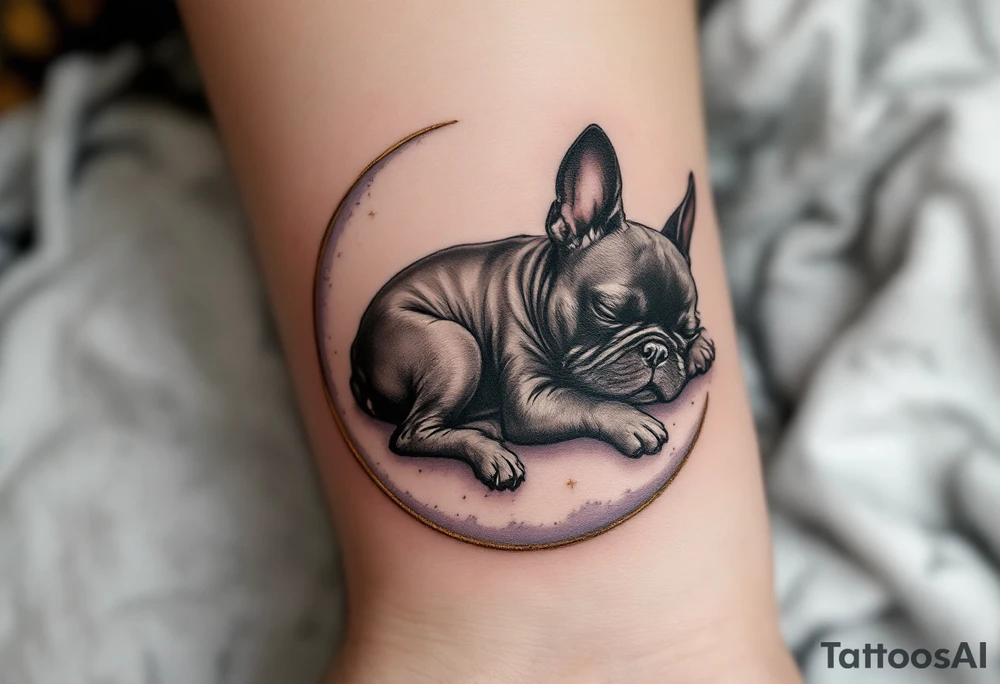 Sleeping French Bulldog on a crescent moon, dreamy pose in black and gray ink, with gold accents on the moon edges. tattoo idea