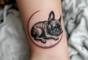 Sleeping French Bulldog on a crescent moon, dreamy pose in black and gray ink, with gold accents on the moon edges. tattoo idea