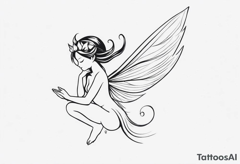 Minimalistic, monochromatic fairy with a tail flying to the left in a fetal position, leaning and looking in the same direction, with visible hands, embodying the 'Fairy Tail' logo aesthetic. tattoo idea