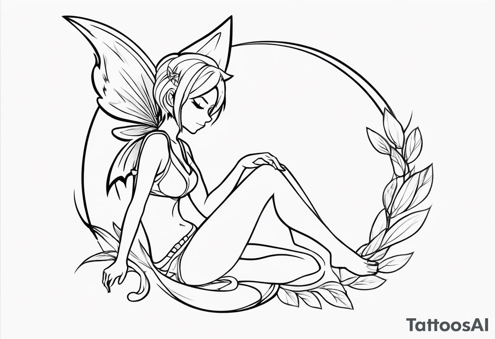 No color fairy with a tail inspired by the logo of the anime show called Fairy Tail in a fetal position leaning in and forward while sleeping tattoo idea