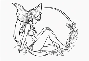 No color fairy with a tail inspired by the logo of the anime show called Fairy Tail in a fetal position leaning in and forward while sleeping tattoo idea