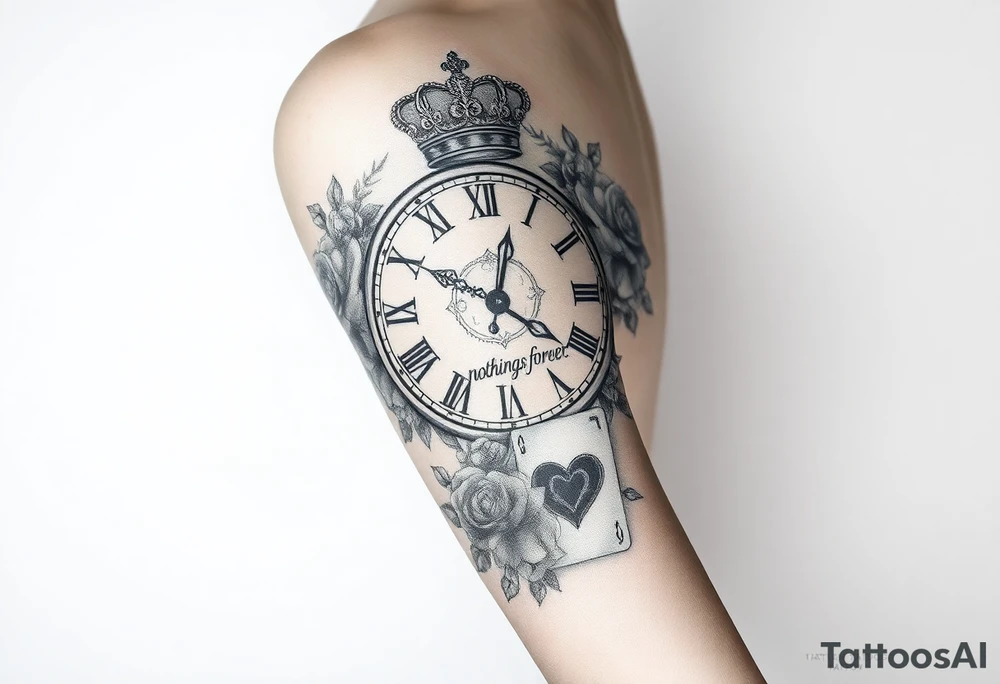 Roman clock with roses and a crown,  a quote that says nothings forever. and on the bottom a deck of cards tattoo idea