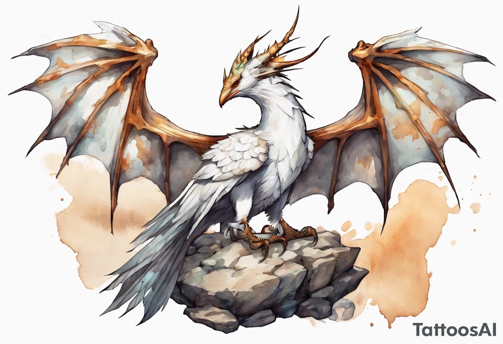 a white bird-wyvern hybrid, wearing a rusted iron crown, perched on a stone tattoo idea