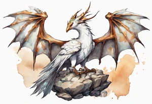 a white bird-wyvern hybrid, wearing a rusted iron crown, perched on a stone tattoo idea