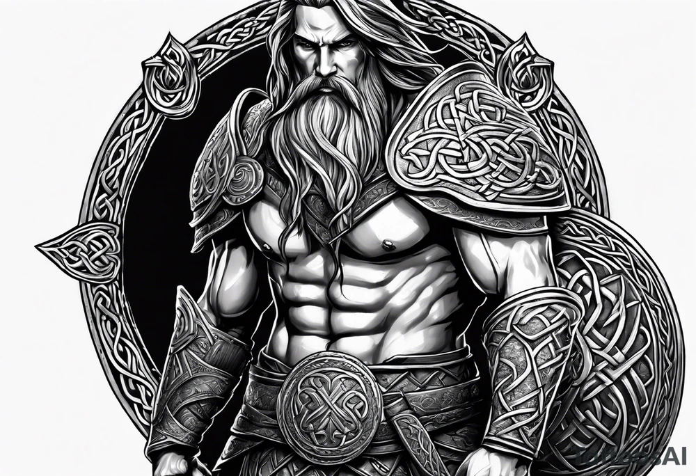 Side profile full body of Celtic warrior walking into battle tattoo idea