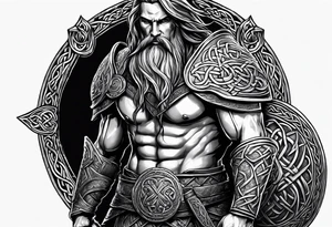 Side profile full body of Celtic warrior walking into battle tattoo idea