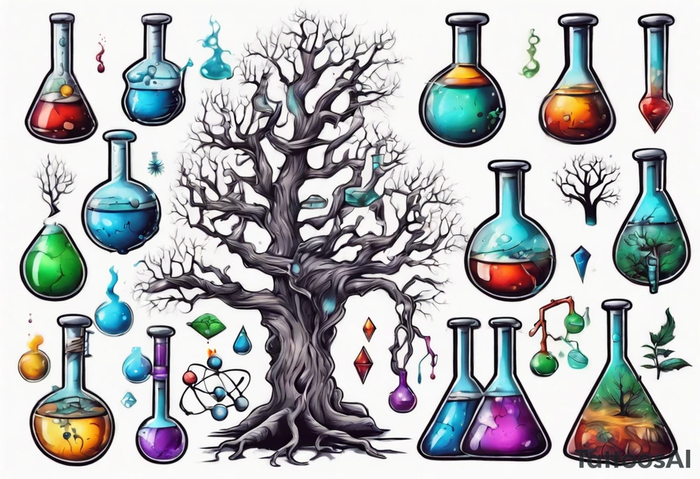 Tree with Chemistry items such as flasks and beakers filled with chemicals tattoo idea