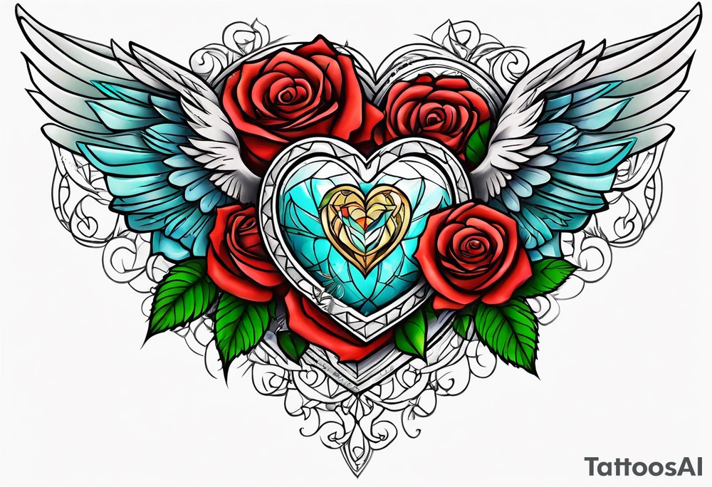 winged heart and roses tattoo idea