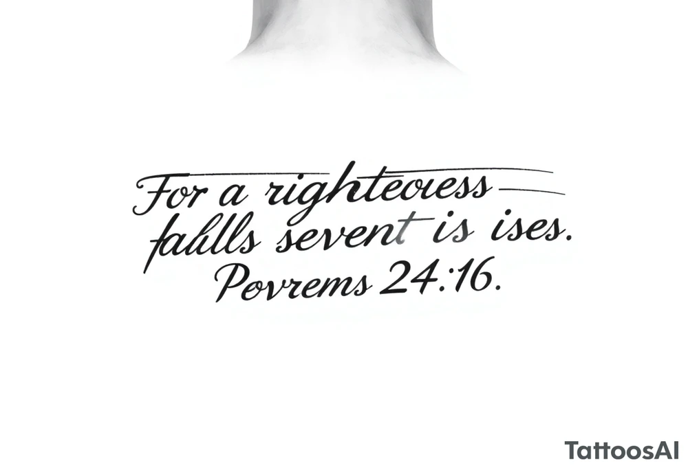 A top-of-forearm vertical tattoo stencil layout. A large, bold, solid black minimalist Christian cross acts as the central background anchor running the entire length of the design. Weaving gracefully over and around the hard lines of the cross is the full bible verse written in a heavy, legible Chicano-style cursive lettering: "For the righteous falls seven times and rises again. Proverbs 24:16". High-contrast blackwork, sharp linework, crisp text, on a completely blank stark white backdrop with zero clouds and zero gradient backgrounds. tattoo idea