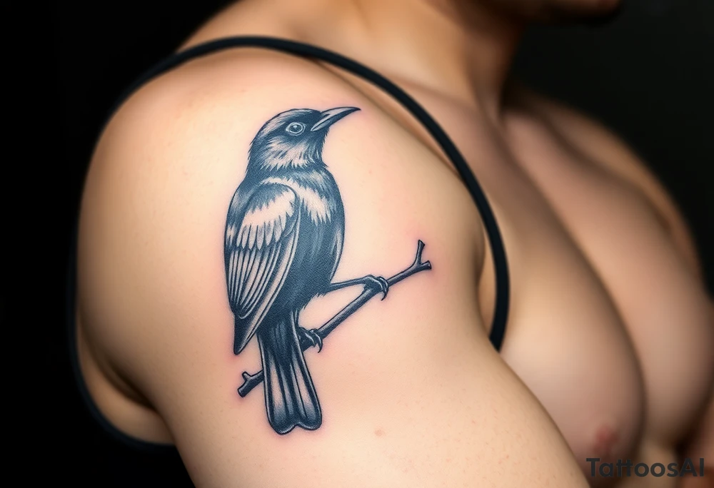 Male European Blackbird sitting on a branch tattoo idea