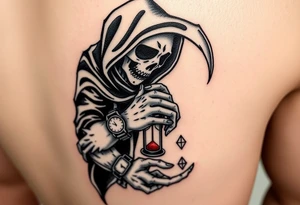 Simple grim reaper looking at a watch on his wrist with a hourglass with red sand and diamond geometric shapes for the thigh tattoo idea