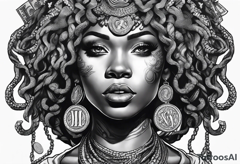 African medusa with money tattoo idea