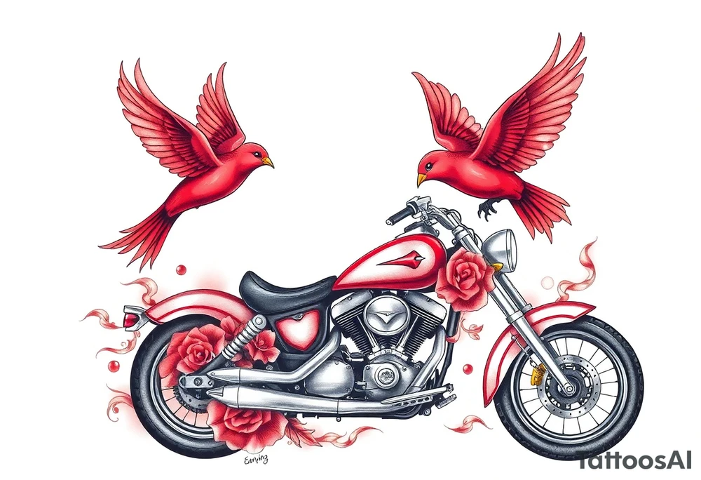 Motorcycle, two red birds flying, roses and lace, flames tattoo idea