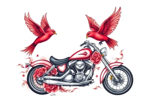 Motorcycle, two red birds flying, roses and lace, flames tattoo idea