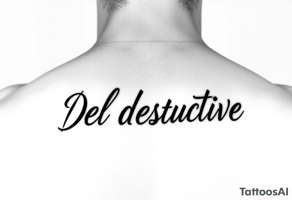 Outline of the words Self Destructive in a bold think cursive font lettering across the chest tattoo idea