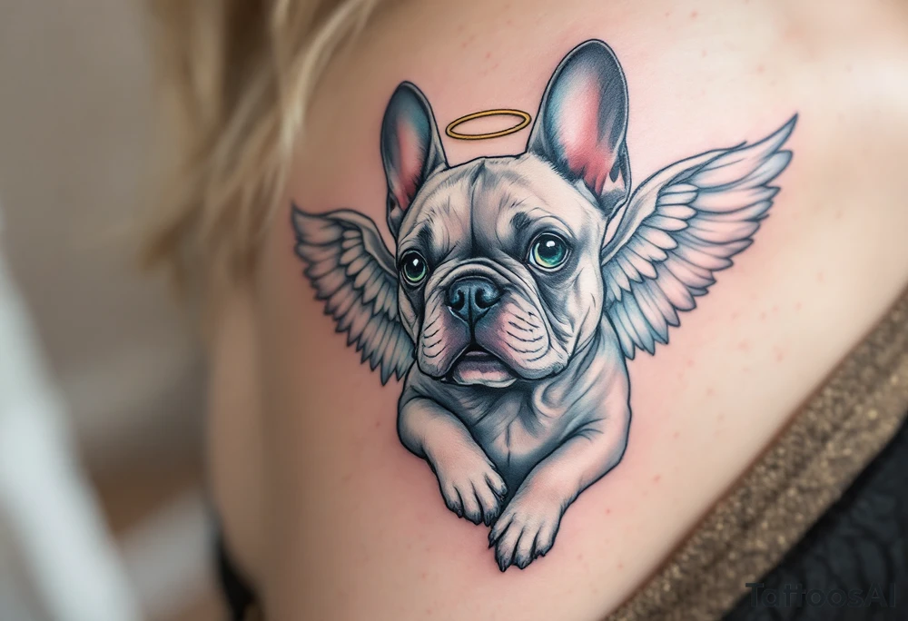 French Bulldog with angel wings and a halo, in memory style, colored in soft gray and white with faint light blue highlights. tattoo idea
