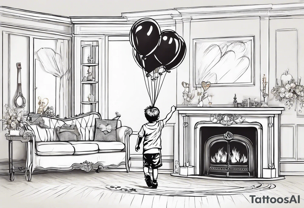 tatoo in sketch style only.
A little boy is holding a string to the hearth shaped small party baloon.
boy should be drawed from behind and has one hand reaching up in 45 degree angle and holding the baloon string
On the string is a wave which look like a hearbeat pulse.
draw it without any scenery, without any background. Just a boy 
Add heartbeat pulse on the string tattoo idea