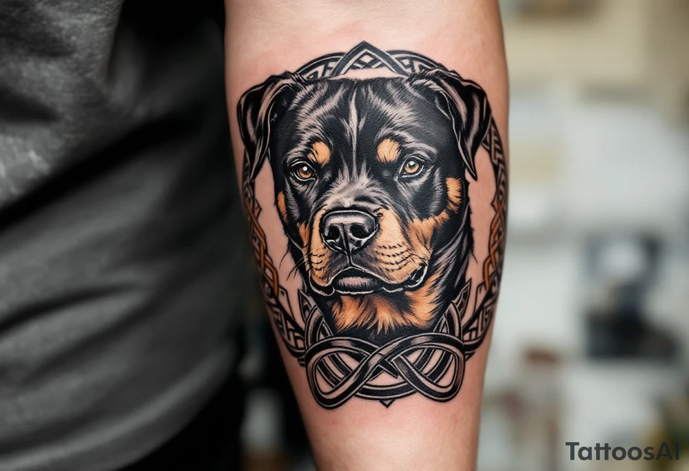 Rottweiler and Celtic Knot – A black and grey Rottweiler surrounded by intricate Celtic knotwork, symbolizing eternal loyalty and protection. tattoo idea