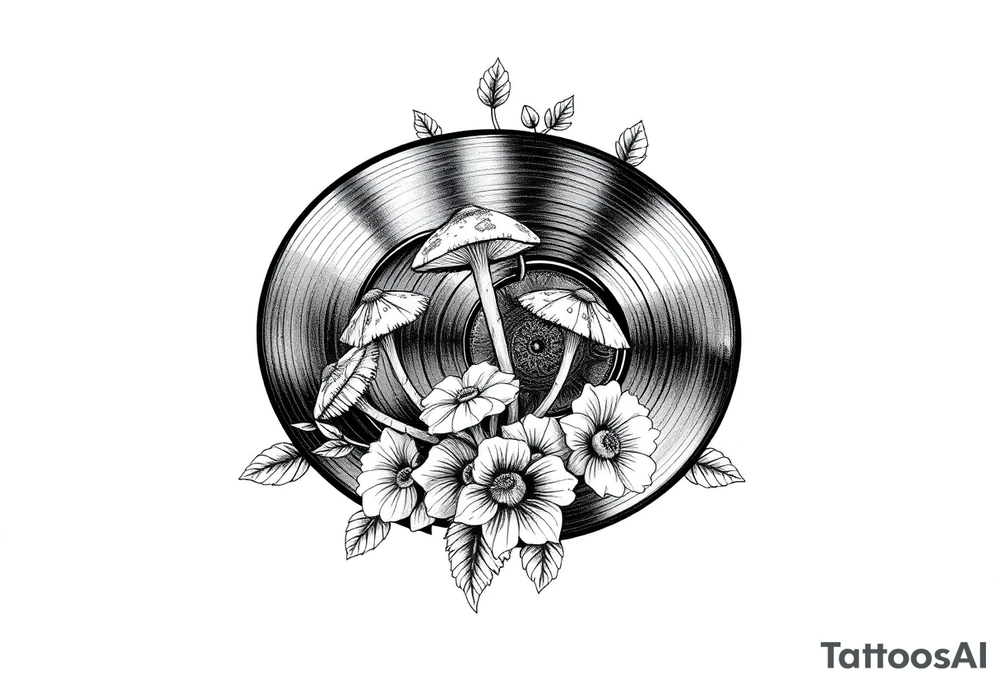two overlapping vinyl records with mushrooms and flowers tattoo idea two overlapping vinyl records with mushrooms and flowers tattoo idea