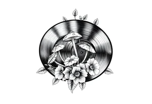 two overlapping vinyl records with mushrooms and flowers tattoo idea