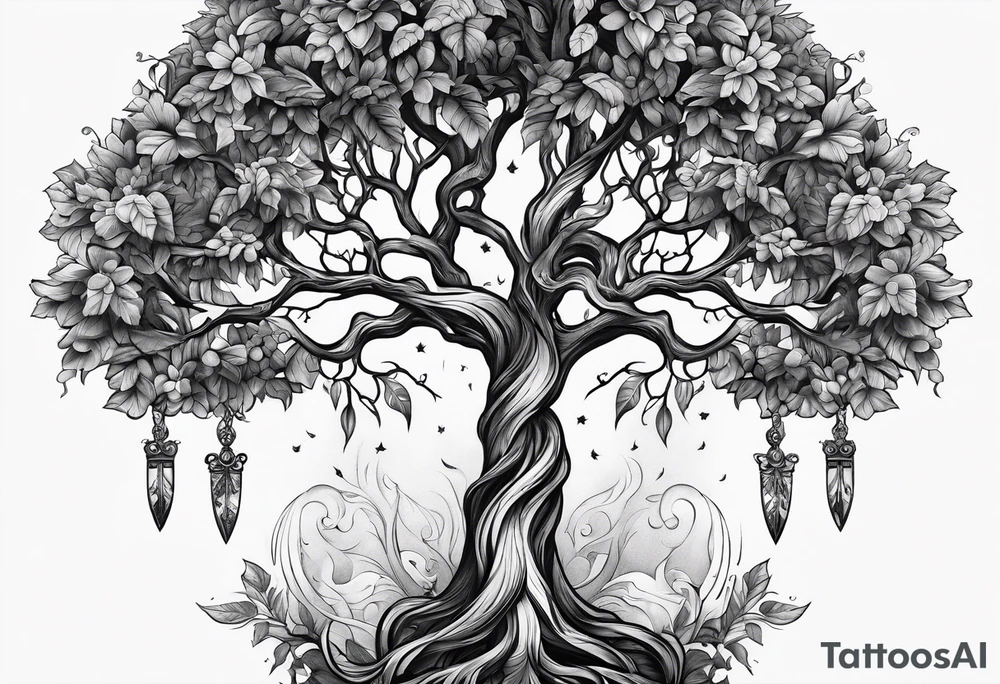 tree-like dagger tattoo idea