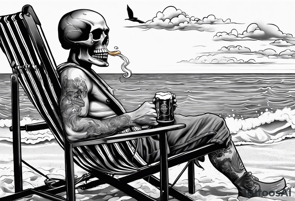 Skull smoke on the beach sitting in a beach chair with a beer in its hand tattoo idea