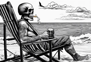 Skull smoke on the beach sitting in a beach chair with a beer in its hand tattoo idea
