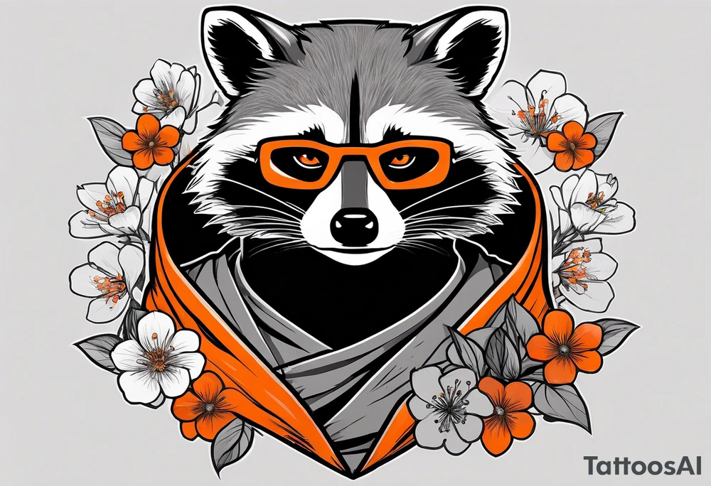 Raccoon wearing a white Superman logo on a black hoodie and orange Japanese cherry blossoms tattoo idea
