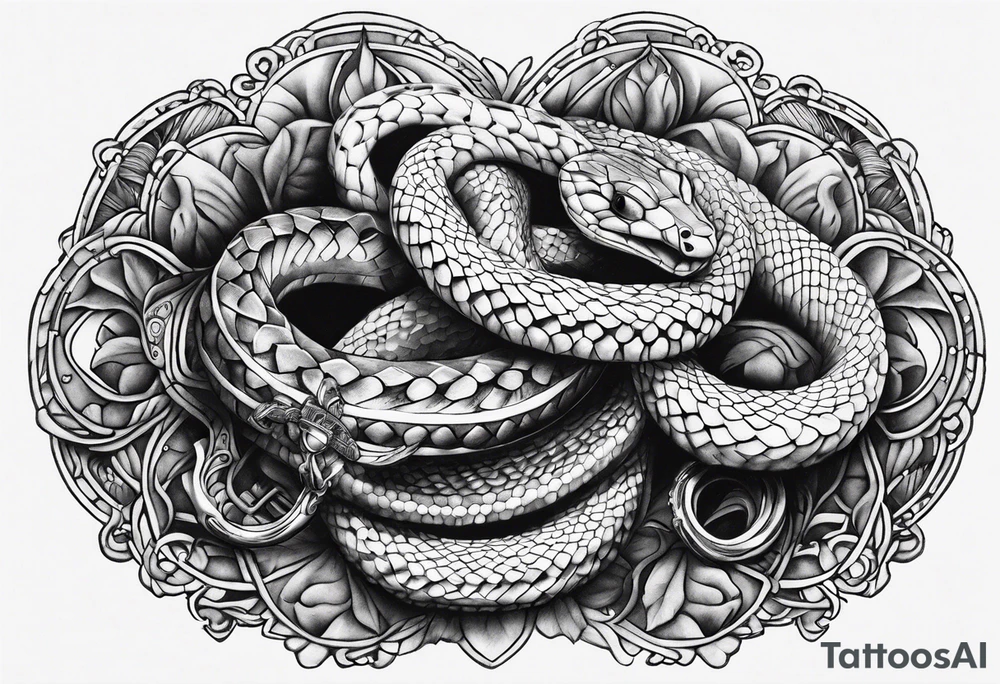 Snakes ans Jesus’s hands with a rosary tattoo idea